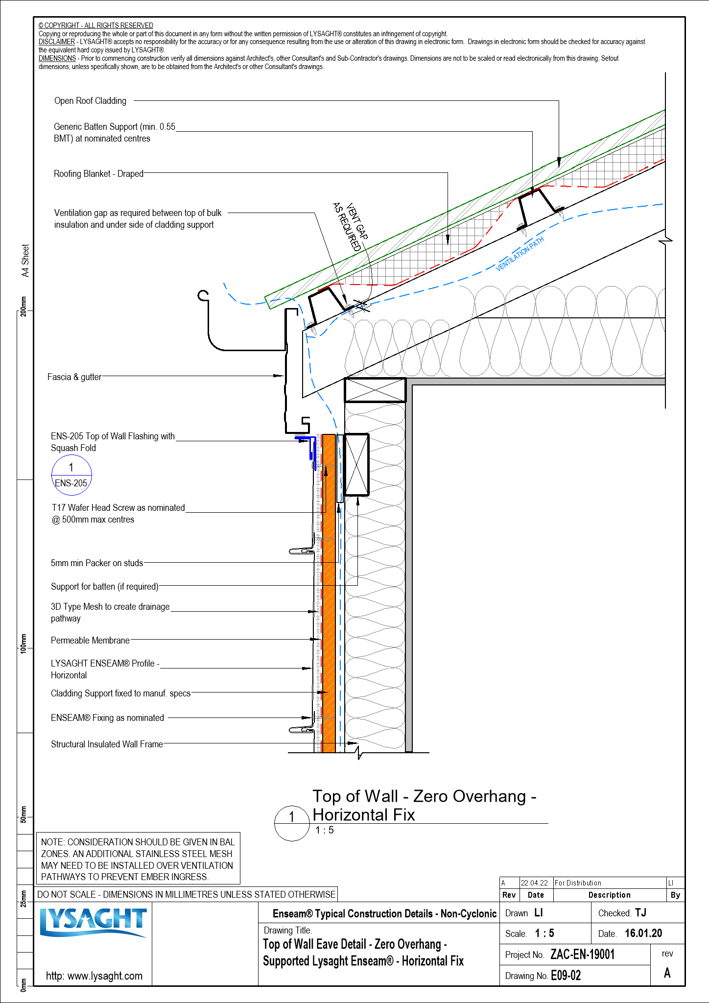 E0902 Top of Wall Eave Detail Zero Overhang Supported Lysaght